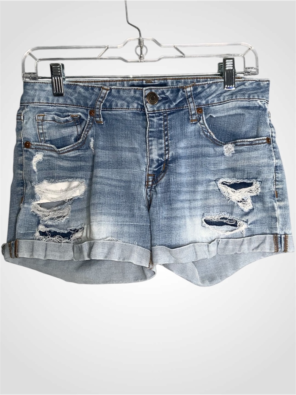 Aeropostale Light Blue Distressed Rolled-Hem Midi Denim Shorts - 6